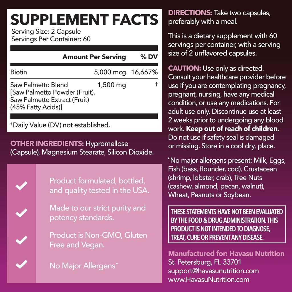 Saw Palmetto for Women with Bitoin 5000mcg Per Serving, 30-Day Supply | Vegan, Non-GMO DHT Blocker for Women for Hair, Skin and Nails, Saw Palmetto Extract with Biotin for Thicker Looking Hair