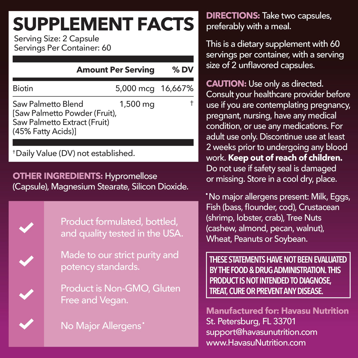 Saw Palmetto for Women with Bitoin 5000mcg Per Serving, 30-Day Supply | Vegan, Non-GMO DHT Blocker for Women for Hair, Skin and Nails, Saw Palmetto Extract with Biotin for Thicker Looking Hair