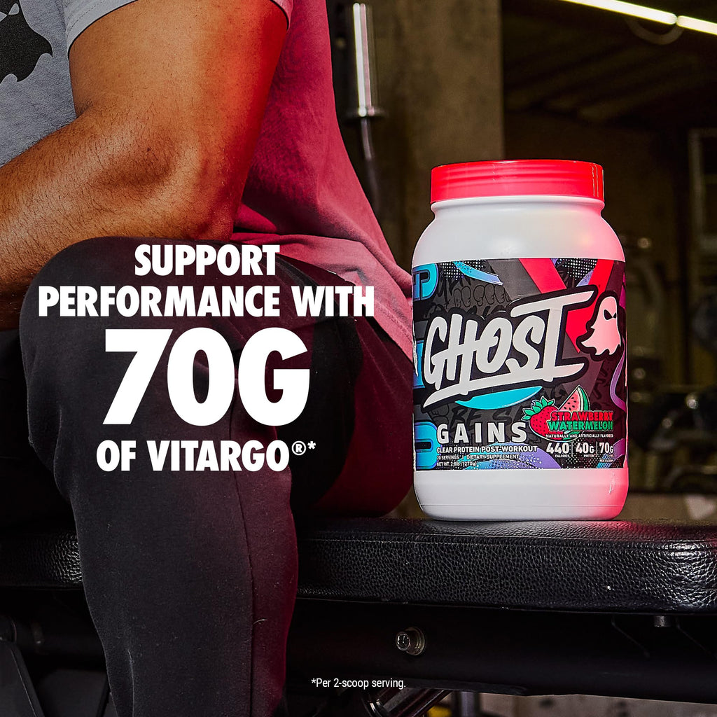 GHOST Clear Gains Mass Gainer Protein Powder - Post-Workout Weight Gainer Mix - 40g of Whey Protein Isolate, 440 Calories & 70g Vitargo Carbs - Lean Muscle Building & Recovery - Strawberry Watermelon