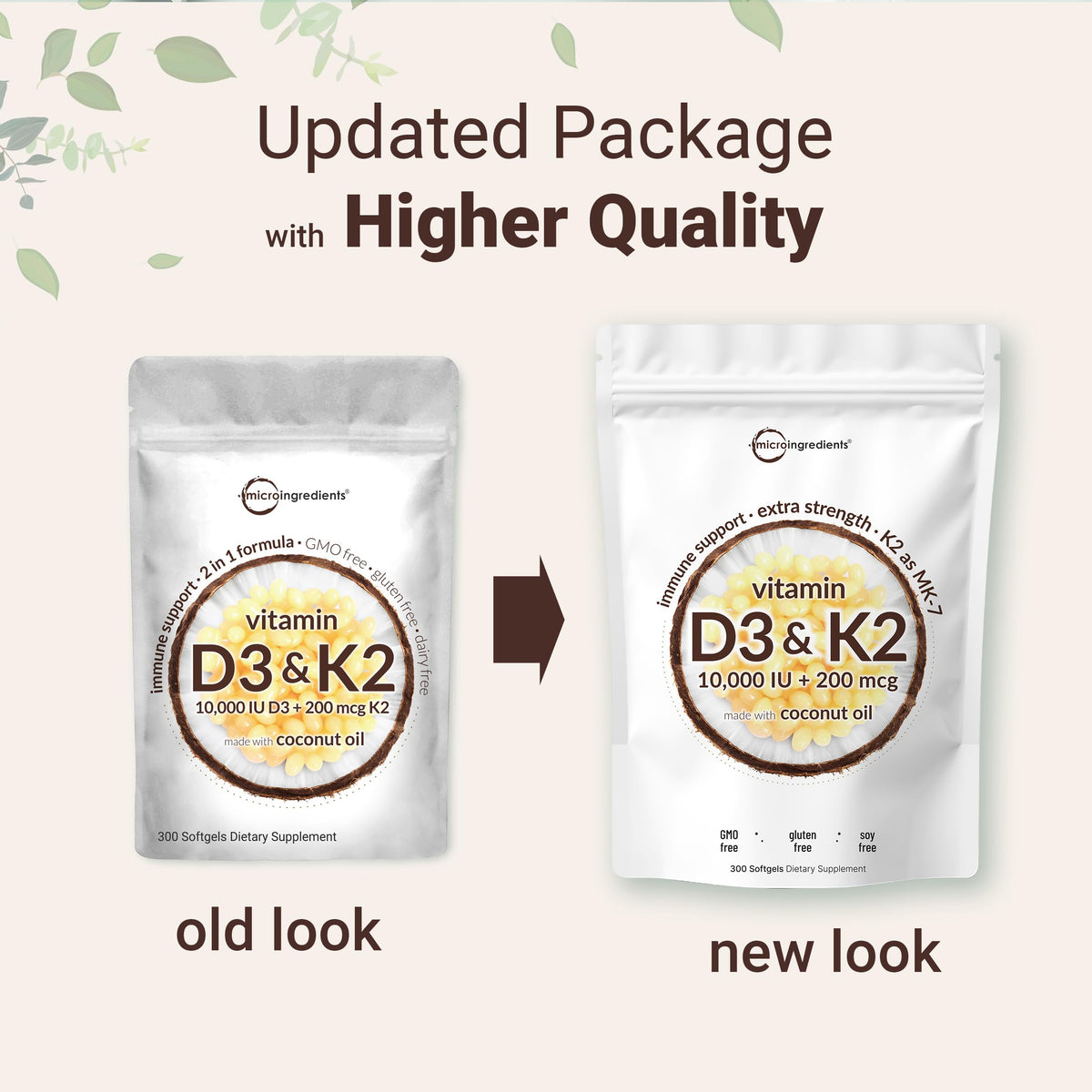 Micro Ingredients Vitamin D3 K2 MK-7 10,000 IU Per Serving, 300 Softgels | Made with Virgin Coconut Oil, K2 200 mcg Per Serving. D3 & K2 Vitamin Supplement. Easy-to-Swallow. Non-GMO, Gluten Free.