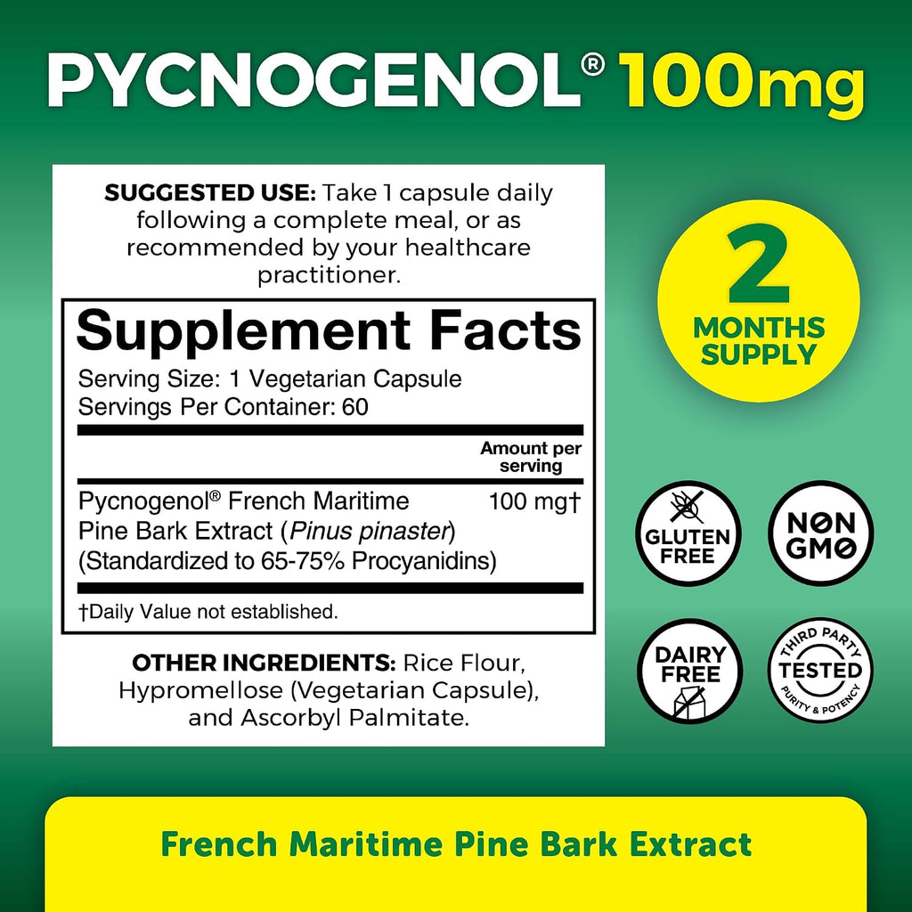 Viva Naturals Pycnogenol - 100mg French Maritime Pine Bark Extract – Supports Circulation, Antioxidant-Like Activity, Joints & Immune Health and Function – 60 Veggie Capsules