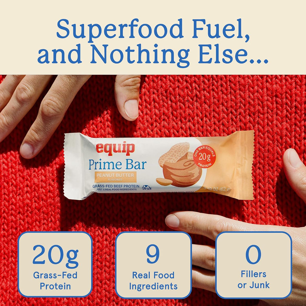 Equip Foods High Protein Prime Bars – Grass Fed Beef Protein, Collagen & Tallow – Gut Friendly, Gluten Free 20g Protein Bars - Only Real-Food Ingredients - On-the Go Snack - Peanut Butter, 12 Count