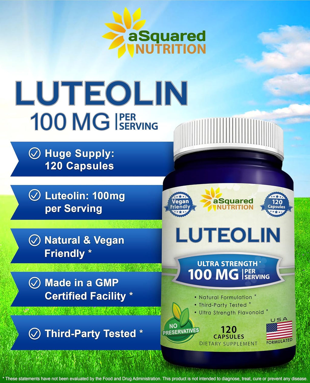 Luteolin 100mg - 120 Capsules - Luteolin Supplement & Powder Complex Pills Commonly Taken with Quercetin - Supports Brain & Memory Health