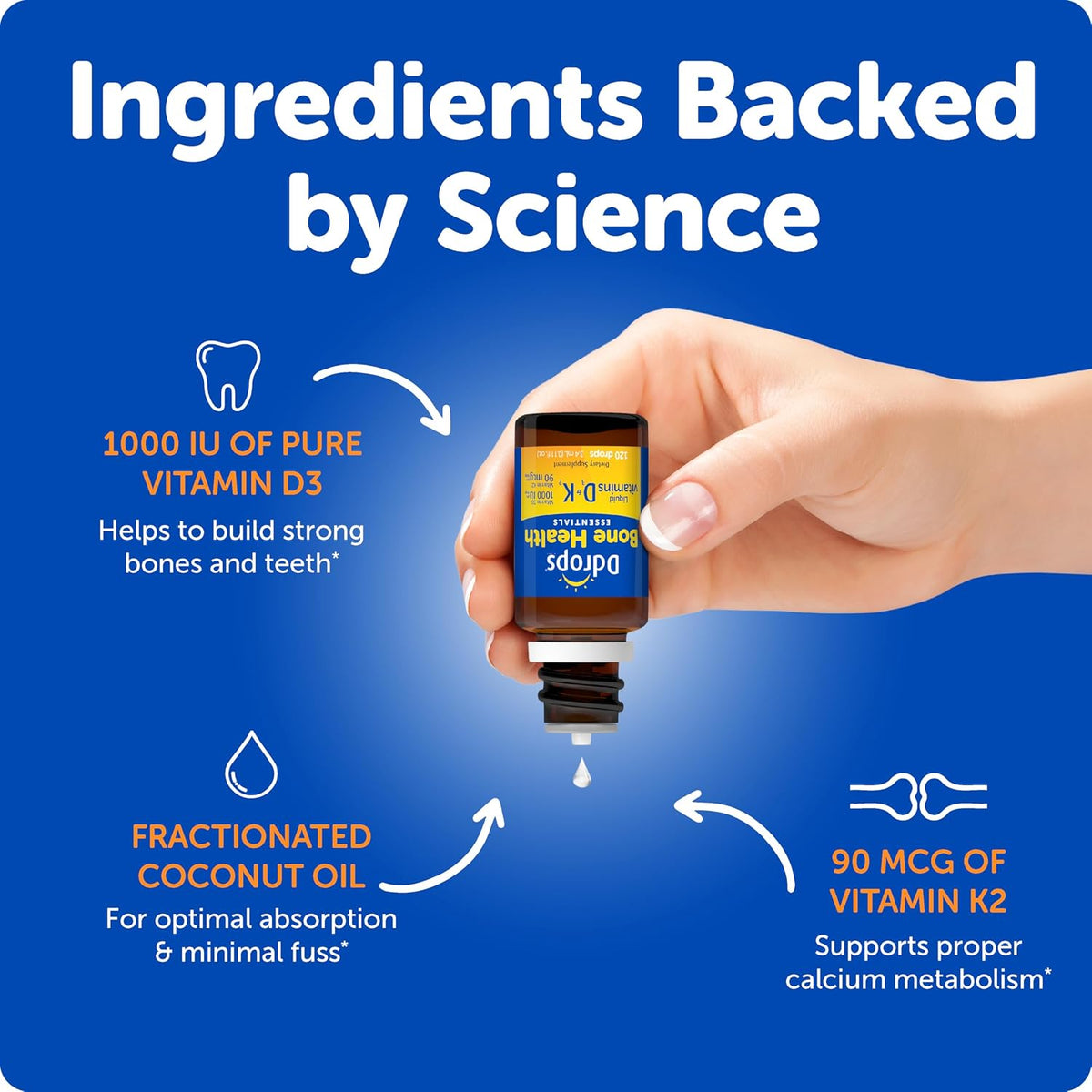 Ddrops Adult Bone Health 1000 IU Vitamin D3 + 90 mcg K2-120 Drops - Helps Maintain and Build Strong Bones and Teeth. No Artificial Preservatives, No Sugar, Non-GMO, Allergy-Friendly