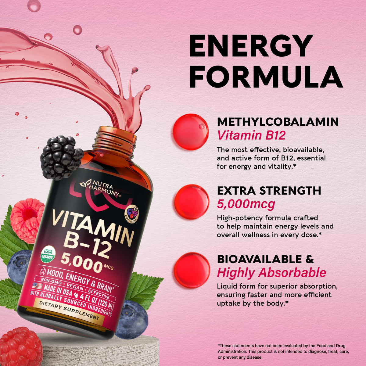 USDA Organic Vitamin B12 Sublingual Drops - 5000 mcg Liquid Vegan Methylcobalamin for Women & Men - Energy Boost, Focus & Mood, Brain Health Support - Maximize Absorption - 2 Month Supply, 2 fl oz