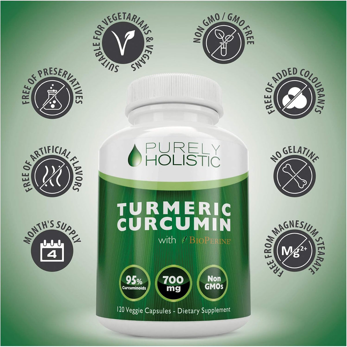 Turmeric Curcumin Supplement, Black Pepper, 95% Curcuminoid, 4 Month Supply | High-Absorption Formula, 700mg Per Serving, Once-Daily Turmeric with Black Pepper Curcumin Supplements, Non-GMO, 120 Capsules