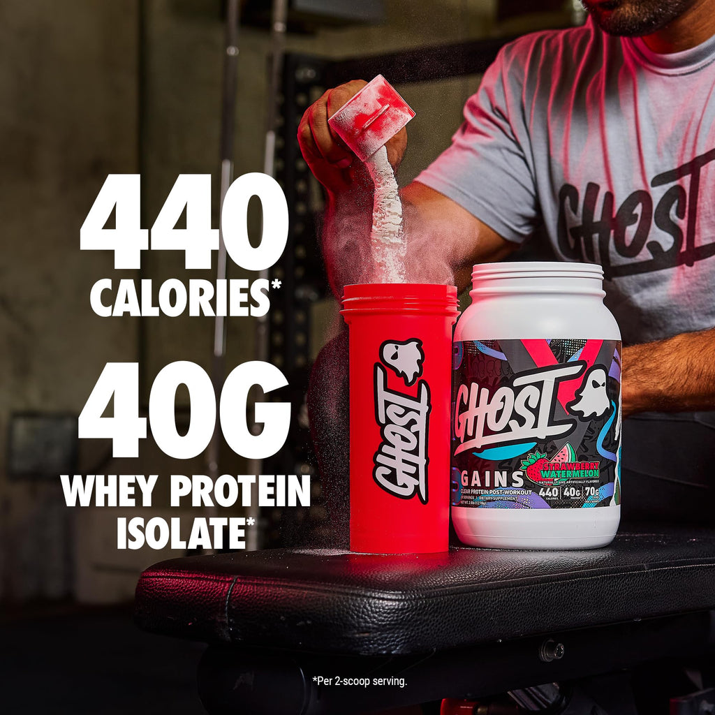 GHOST Clear Gains Mass Gainer Protein Powder - Post-Workout Weight Gainer Mix - 40g of Whey Protein Isolate, 440 Calories & 70g Vitargo Carbs - Lean Muscle Building & Recovery - Strawberry Watermelon