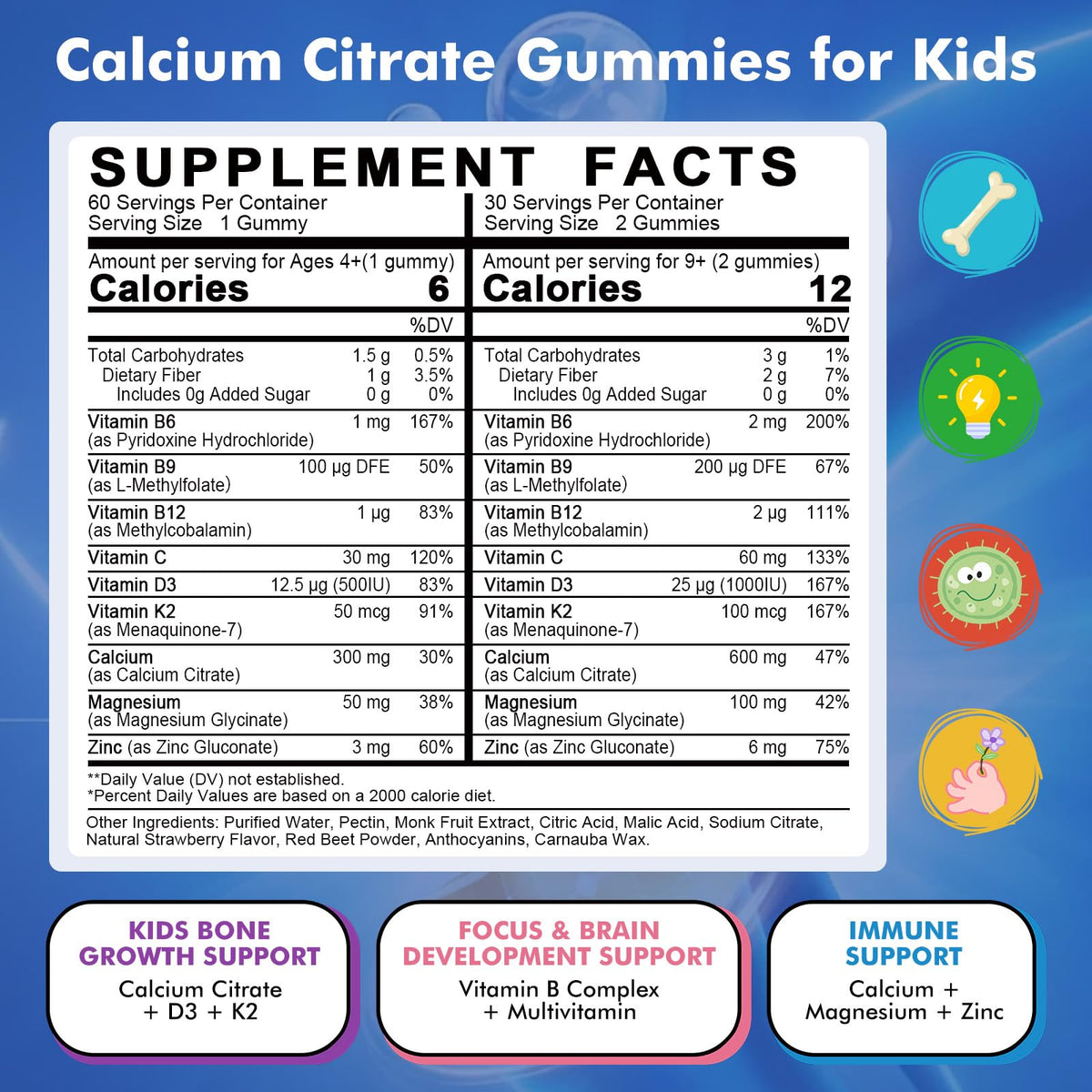 Kids Calcium Citrate Gummies with Vitamin D3 Supplement, Calcium Citrate 300/600 mg with Magnesium Zinc & Multivitamin for Kids 4+ & Teens, Support Bone Muscle & Digestive Health, Sugar Free, 60ct