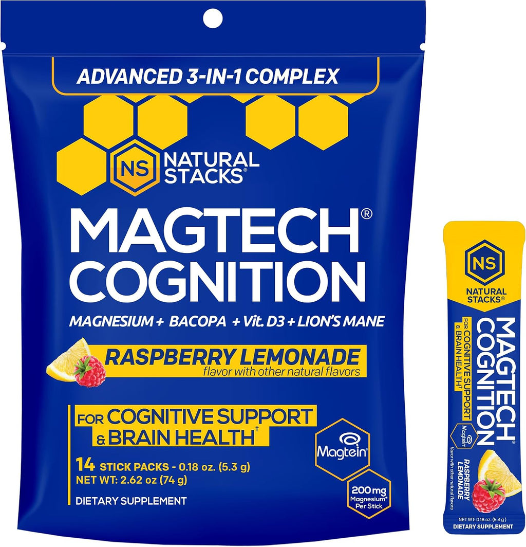 MagTech Magnesium Cognition Powder with Lions Mane and Bacopa, 14 Servings | Magtein L-Threonate, Glycinate and Taurate blend supports focus, mental clarity and brain health. Mix into water daily.