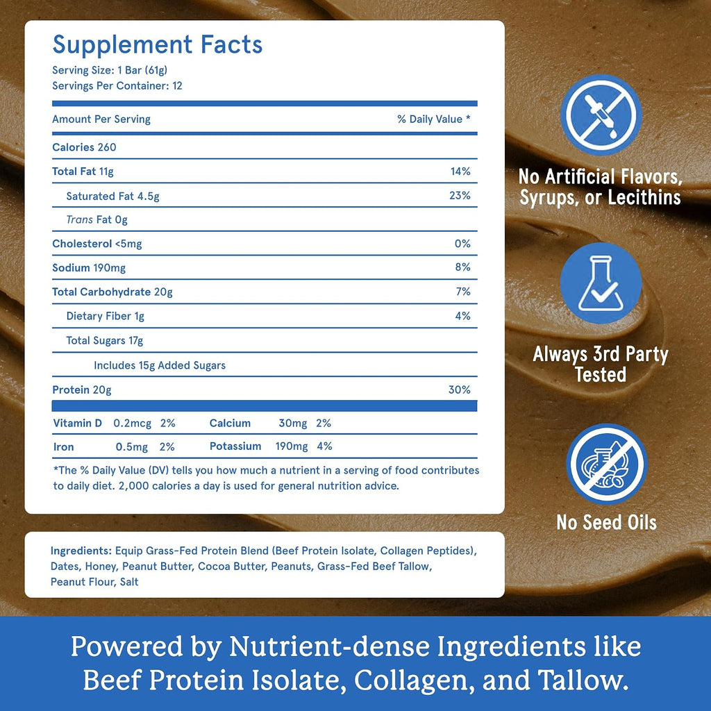 Equip Foods High Protein Prime Bars – Grass Fed Beef Protein, Collagen & Tallow – Gut Friendly, Gluten Free 20g Protein Bars - Only Real-Food Ingredients - On-the Go Snack - Peanut Butter, 12 Count