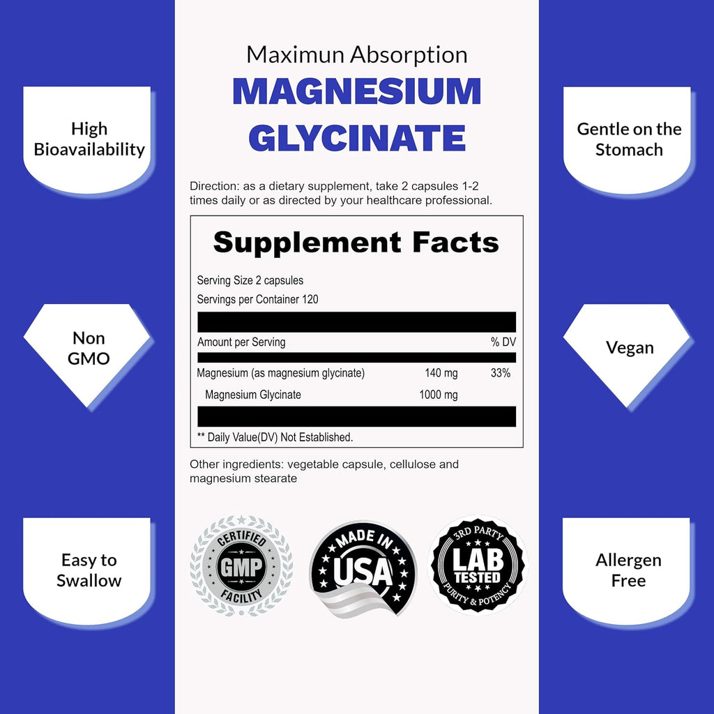 UpNourish Chelated Magnesium Glycinate 500mg Capsules - Magnesium Chelate for High Absorption - Pure Magnesium Supplement 480 Capsules