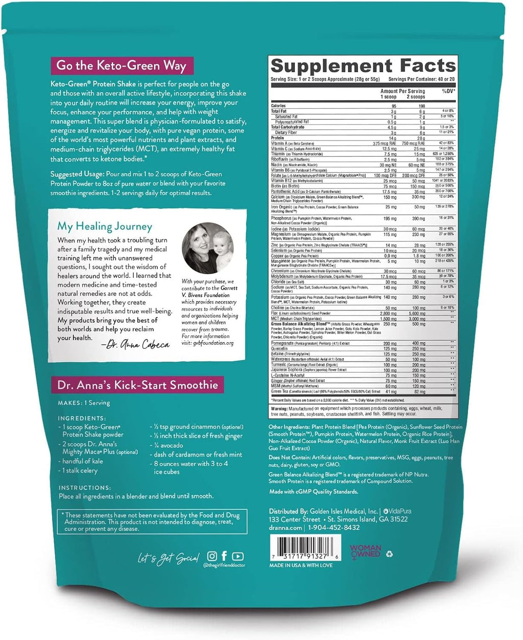 Keto-Green Chocolate Vegan Protein Powder for Women by Dr. Anna Cabeca | Plant Based Protein Powder with Greens | Dairy Free, Sugar Free | Protein Shake 40 Servings