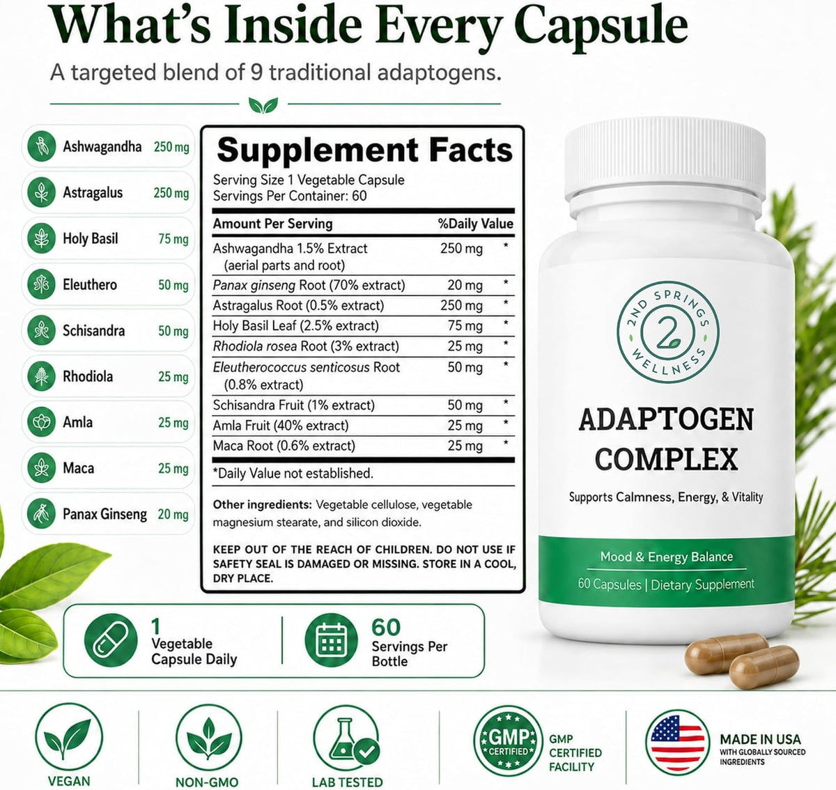 Adaptogen Complex Calmness, Energy and Vitality Booster - Ashwagandha, Schisandra, Astragalus, Ginseng, Rhodiola, and More - Adrenal Support Supplements - 60 Ct