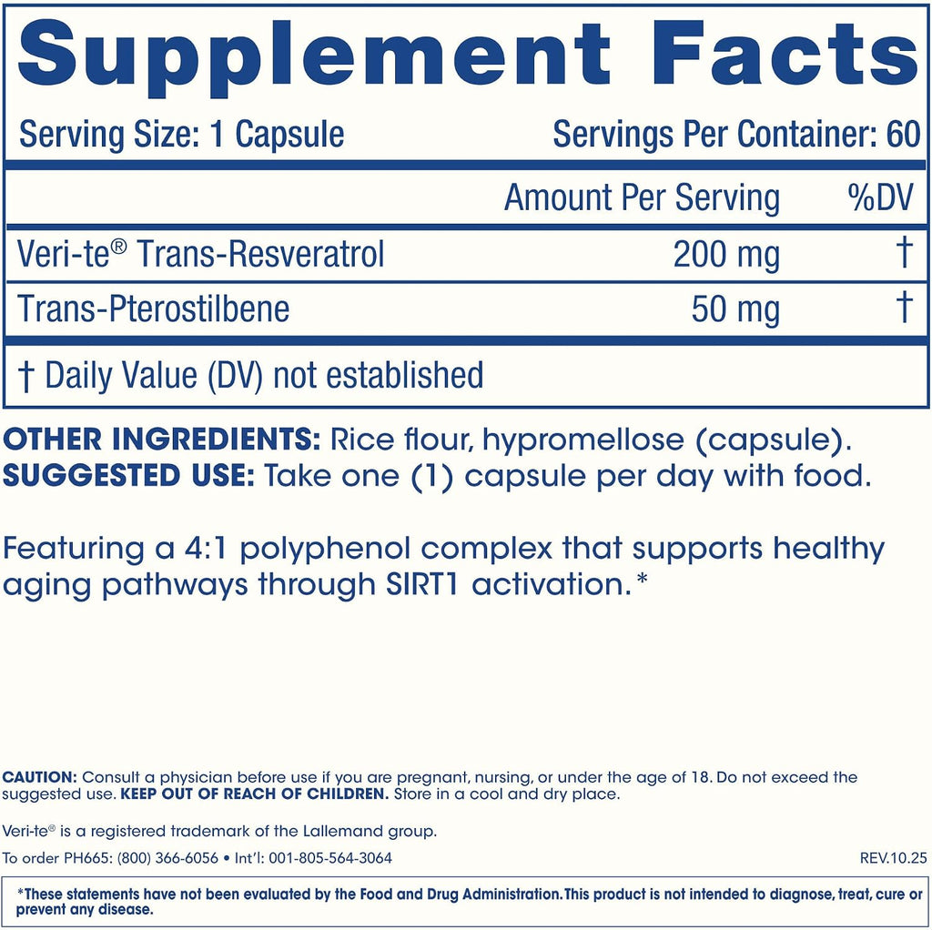 ProHealth Sirtuin 1 Activator | 60 Capsules | Resveratrol Combined with Pterostilbene Activates SIRT1 for Longevity & Cellular Support | Triple Lab-Tested, GMP-Manufactured in USA
