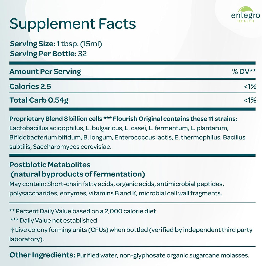 ENTEGRO Flourish Original Liquid Probiotic & Postbiotic Supplement, Plastic | 11 Live Cultures, Gut & Digestive Health For Women, Men & Kids, Organic, Vegan, Allergen Free, Non-GMO, USA Made, 16 fl oz