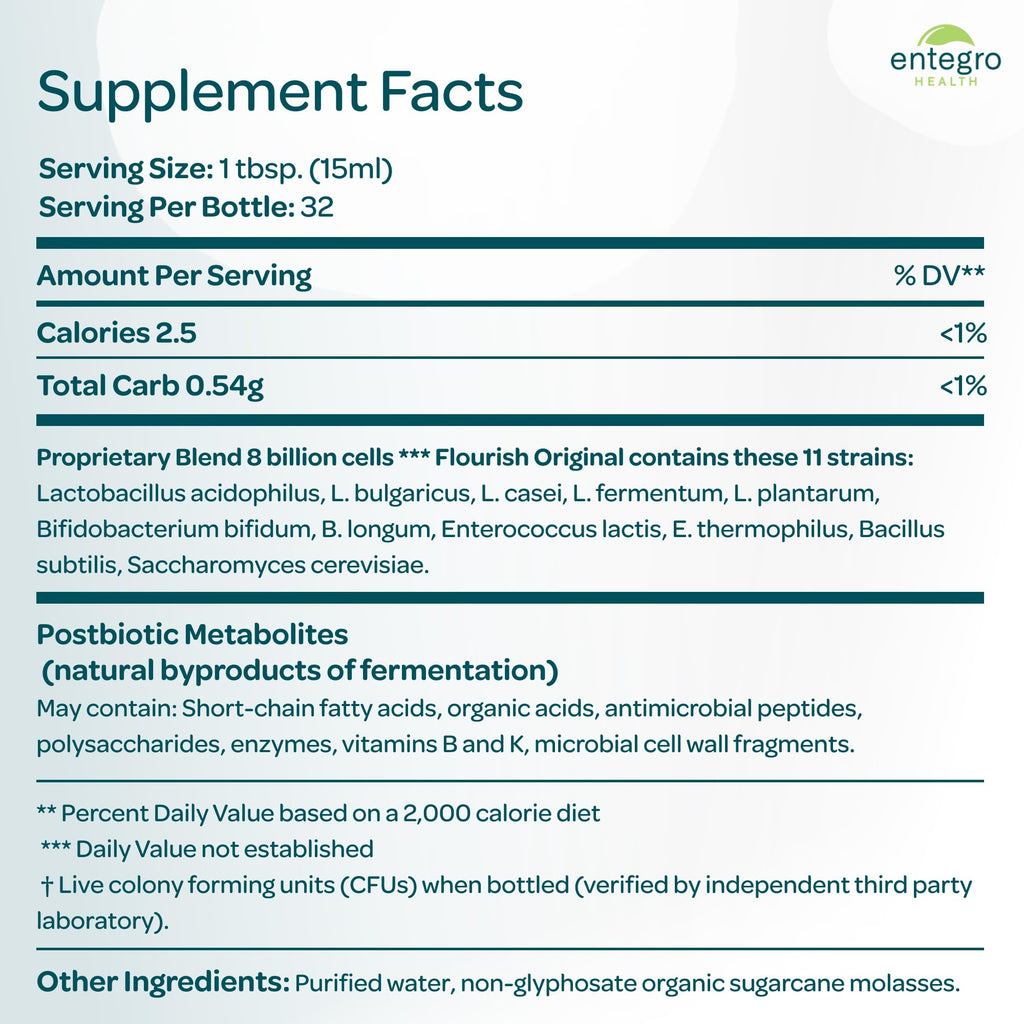 ENTEGRO Flourish Original Liquid Probiotic & Postbiotic Supplement, Plastic | 11 Live Cultures, Gut & Digestive Health For Women, Men & Kids, Organic, Vegan, Allergen Free, Non-GMO, USA Made, 16 fl oz