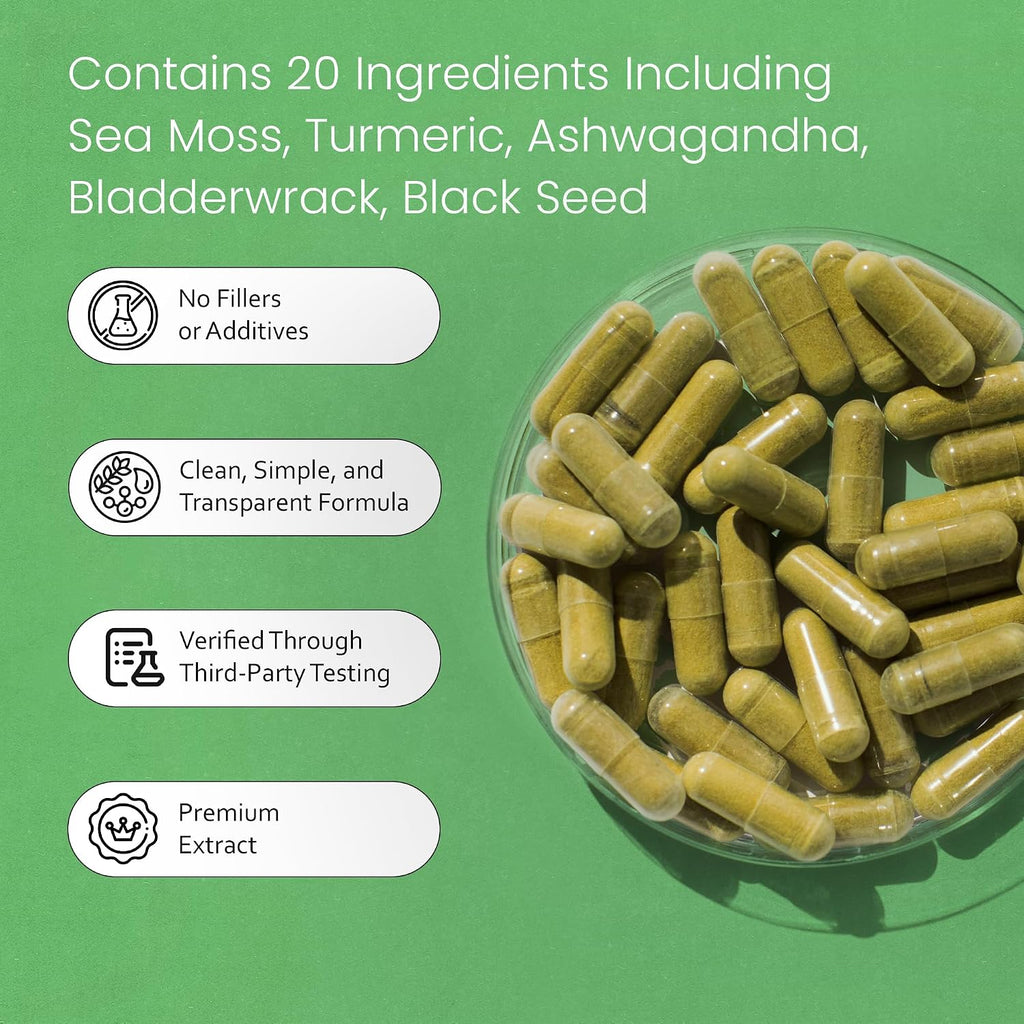 Sea Moss, Black Seed Oil, Bladderwrack, Turmeric, Ashwagandha, Burdock, Vitamin C, D3, Yellow Dock Root, Manuka, Dandelion - 90 Veggie caps