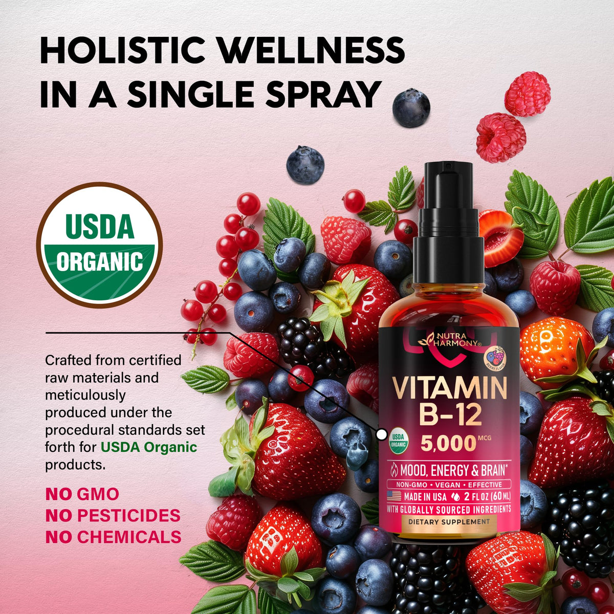 USDA Organic Vitamin B12 Sublingual Drops - 5000 mcg Liquid Vegan Methylcobalamin for Women & Men - Energy Boost, Focus & Mood, Brain Health Support - Maximize Absorption - 2 Month Supply, 2 fl oz