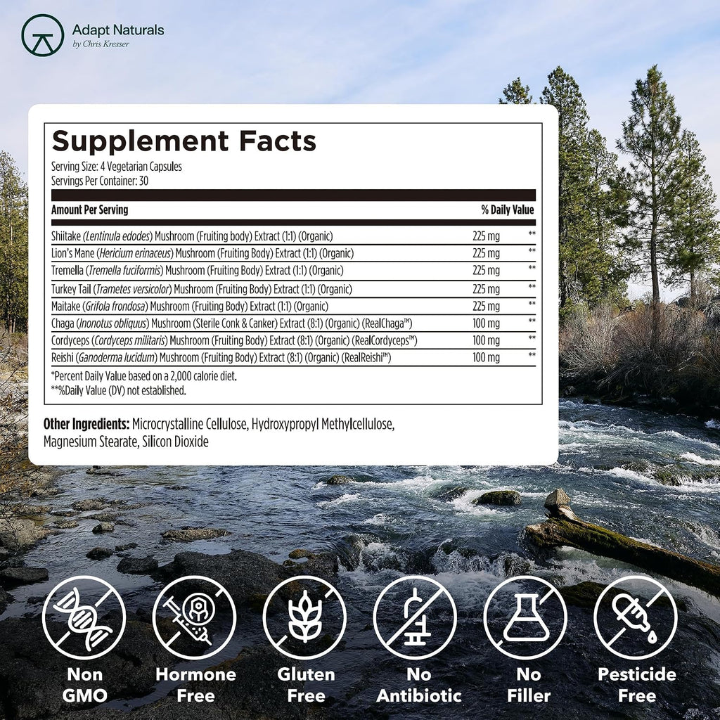 Adapt Naturals Bio-Avail Myco, 8-in-1 Superfood Mushroom Supplement Complex | Lions Mane, Chaga, Cordyceps, Reishi, Shiitake, Tremella, Turkey Tail, Maitake - Immune & Cognitive Function - 30 Day Supply