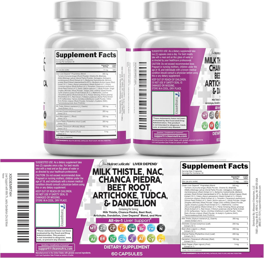 Clean Nutraceuticals Milk Thistle NAC Chanca Piedra Beet Root Artichoke Astragalus Dandelion Root - Liver Cleanse Detox & Repair Supplement Plus TUDCA Choline & Ginger - 1Pack