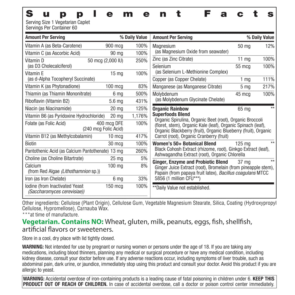 Rainbow Light Womens One + Multivitamin 50 Plus | 90 Caplets | Supports Menopause | Real Food Nutrients, Digestive Enzymes & Probiotics