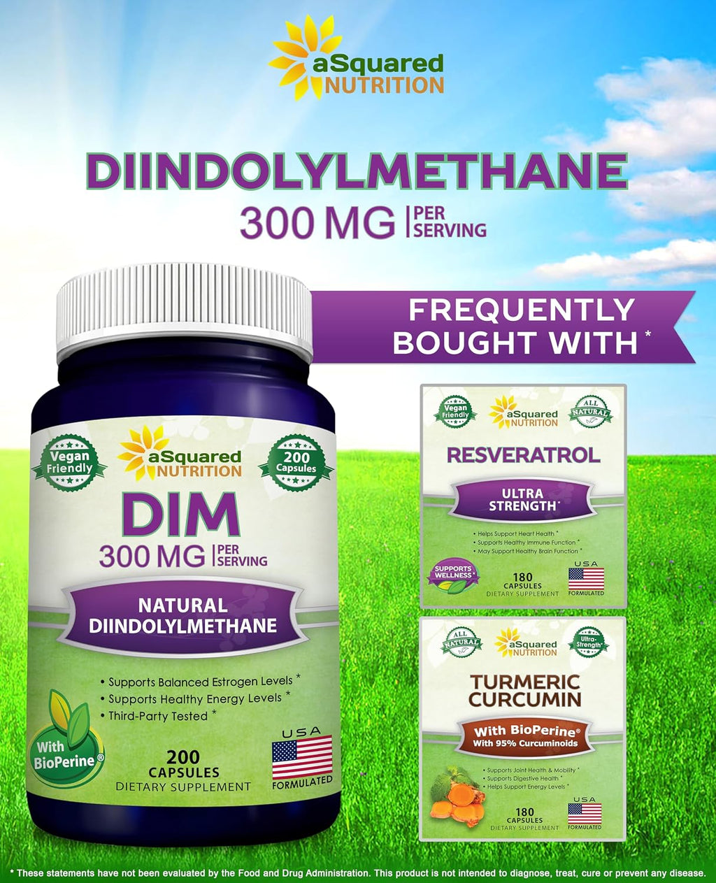 aSquared Nutrition DIM Supplement 300mg Per Serving Plus BioPerine - 200 Veggie Capsules - Diindolylmethane DIM Max Strength Pills to Support Estrogen Metabolism & Balance, Menopause, Hormonal Acne