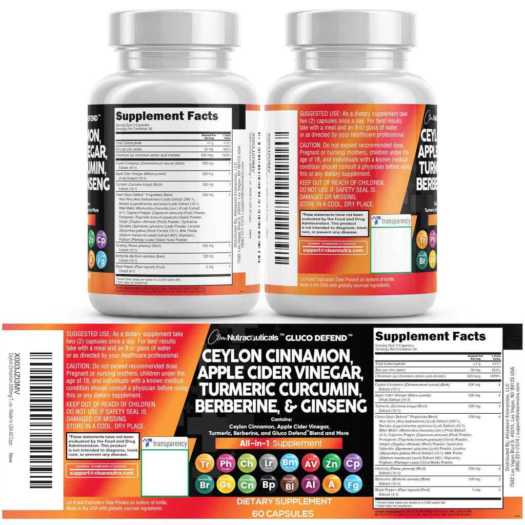 Clean Nutraceuticals Ceylon Cinnamon Capsules + Berberine Turmeric Apple Cider Vinegar Ginseng Bitter Melon (Karela) Gymnema Milk Thistle Fenugreek Supplement Pills Powder for Men & Women