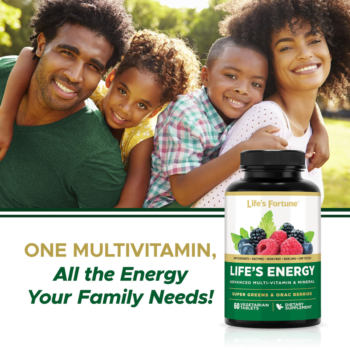 Life's Energy Advanced Daily Multivitamin for Men & Women, Energy & Immune Support Supplement with Super Greens - Antioxidants & Enzymes - Iron Free, Vegetarian, 120 Tablets by Life's Fortune