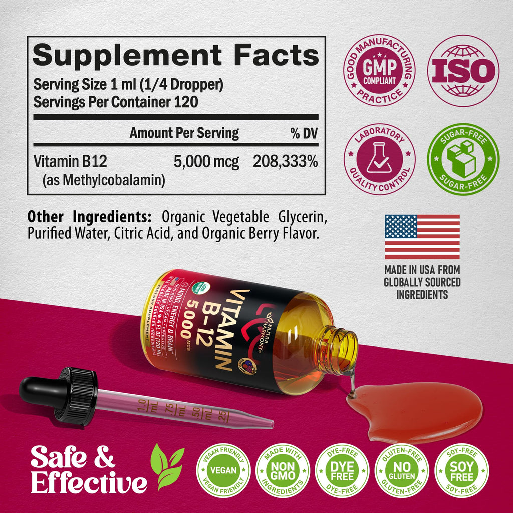 USDA Organic Vitamin B12 Sublingual Drops - 5000 mcg Liquid Vegan Methylcobalamin for Women & Men - Energy Boost, Focus & Mood, Brain Health Support - Maximize Absorption - 2 Month Supply, 2 fl oz