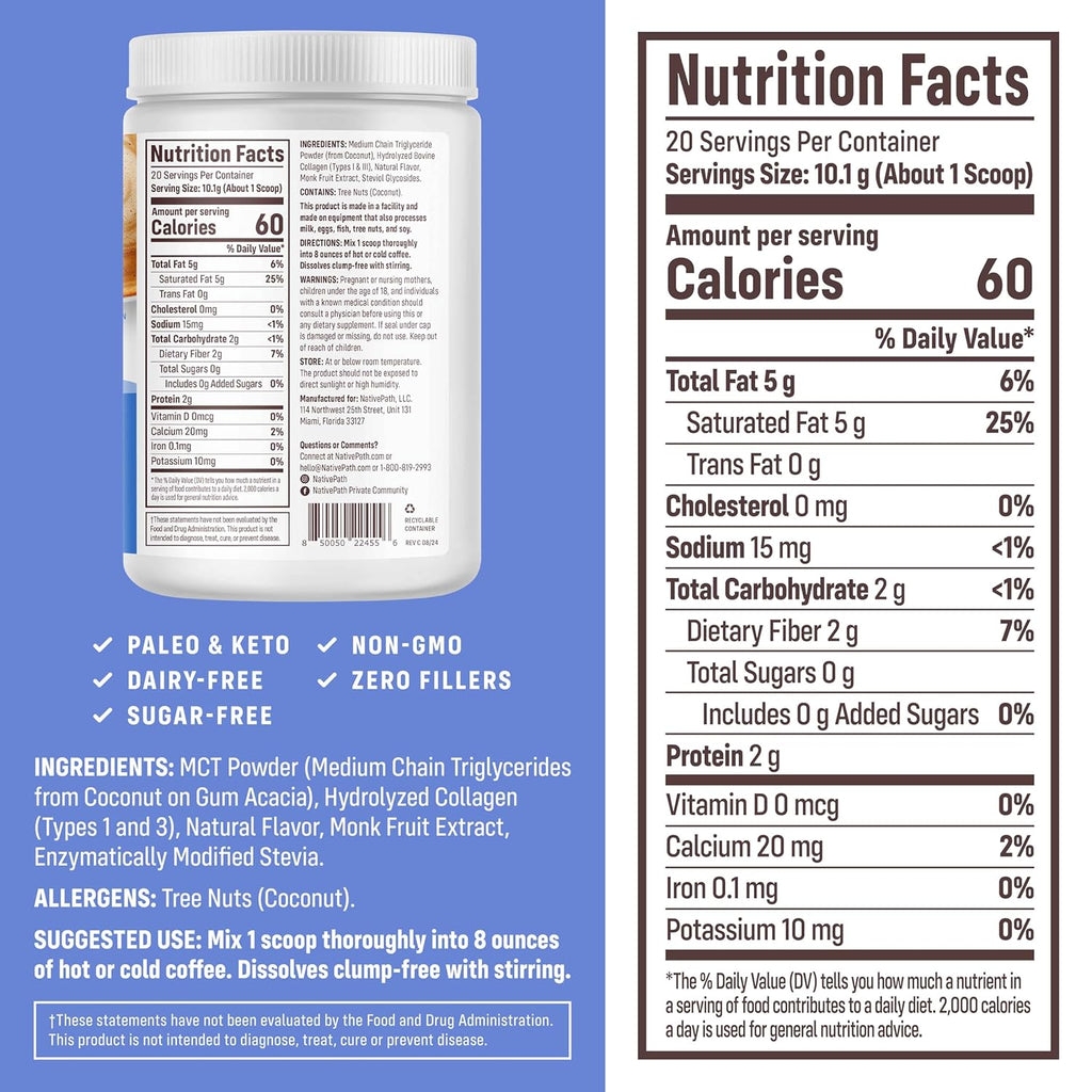 NativePath Keto Creamer, French Vanilla, Collagen & MCT, 20 Servings | Sugar-Free, Monk Fruit Sweetened, Non-Dairy & Creamy, Supports Skin, Hair & Nails, Low-Carb Friendly