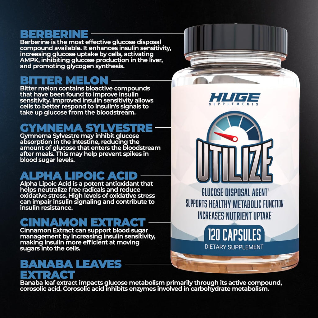 Utilize Glucose Disposal Agent (GDA), Carb Blocker & Nutrient Partitioner, Support Healthy Metabolic Function with 1.5g Berberine, 500mg Bitter Melon, 125mg Cinnamon & More (120 Capsules)