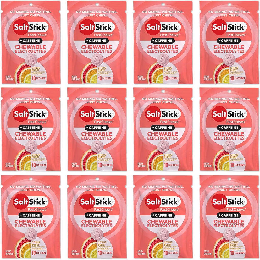 SaltStick Chewable Electrolytes with Caffeine - 120 Citrus Burst Chewable Tablets - Just Chew It, Electrolyte Chews for Hydration, Salt Chews - 12 Packets of 10 Tablets Each