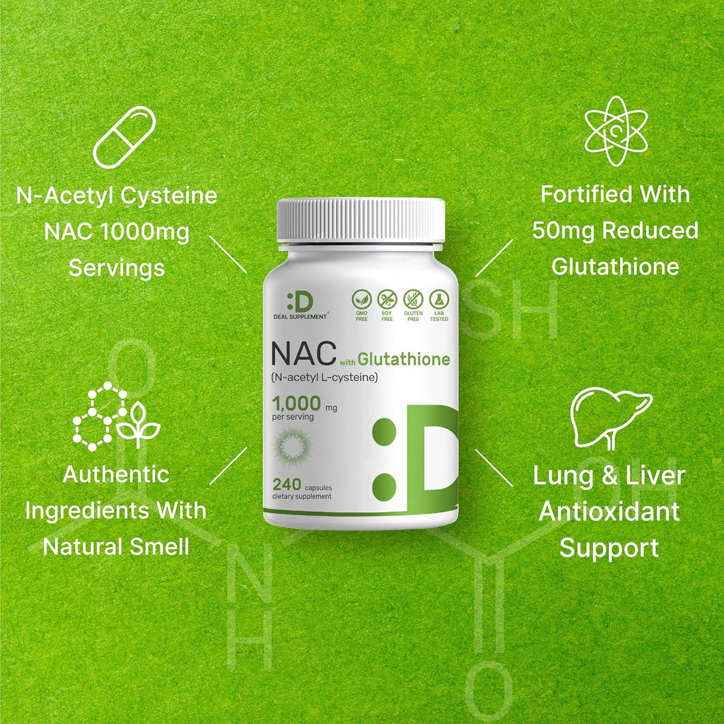 DEAL SUPPLEMENT NAC Supplement (N-Acetyl Cysteine) 1,000mg Per Serving with Reduced Glutathione, 240 Capsules – Antioxidant Support for Immune Health, Lung, & Liver Function