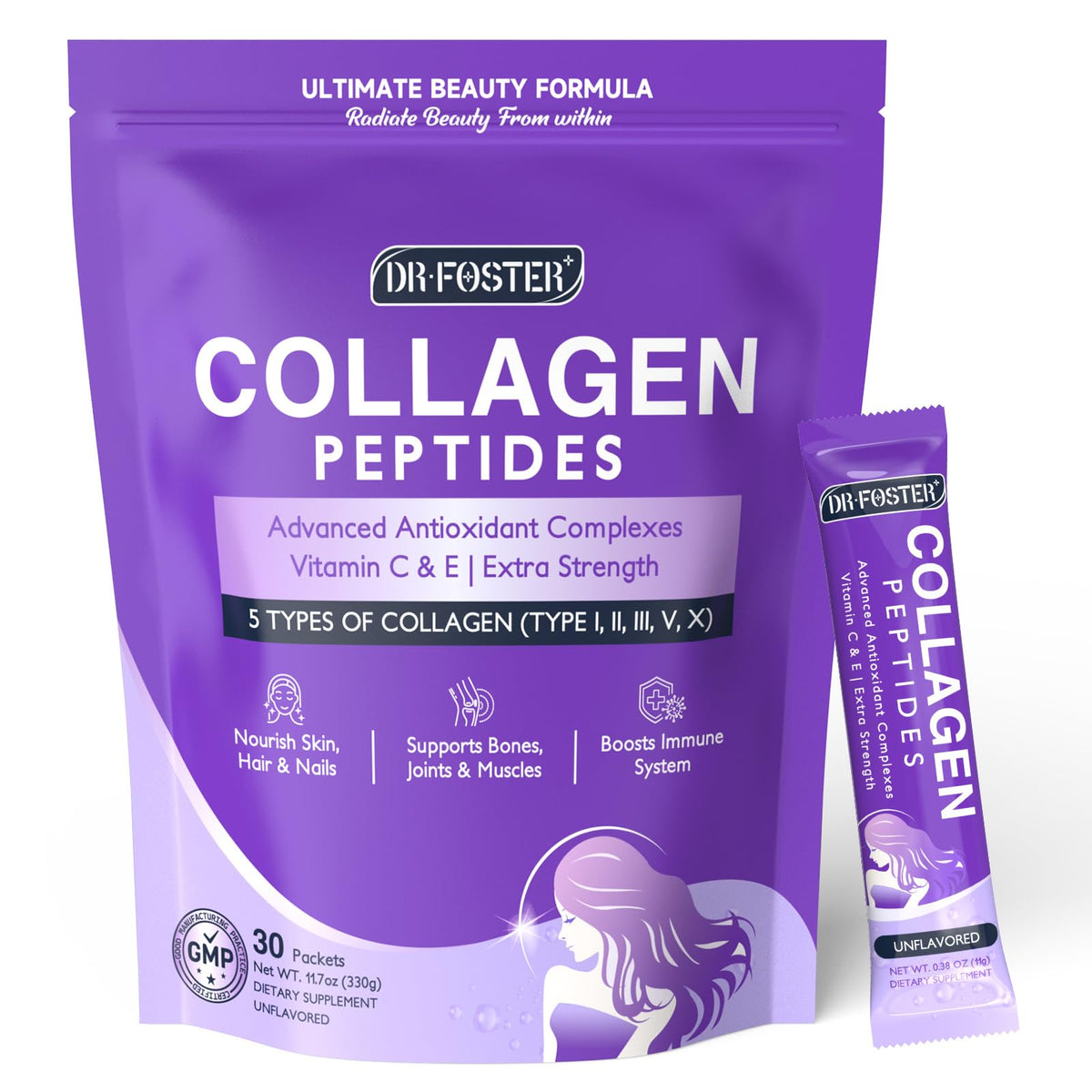 DRFOSTER Collagen-Peptides-Powder-Packets - Multi Type I II III V X Collagen for Women with Antioxidant Blend + Vitamin C & E for Skin, Hair, Nail & Joint, Non-GMO, 30 Stick Packs - PrimeBioHealth - canada supplements
