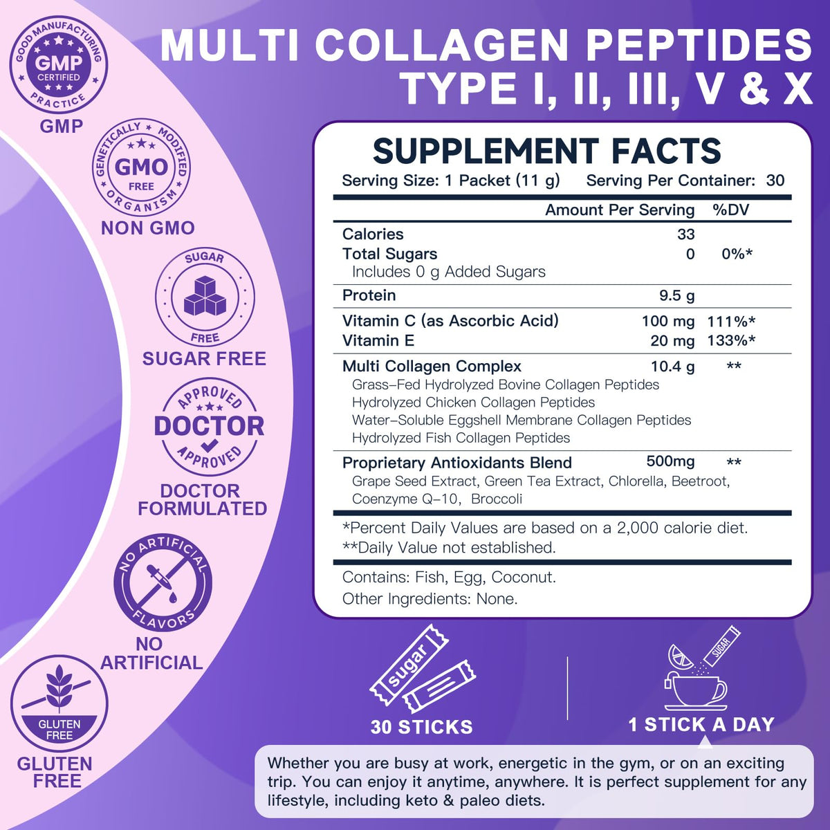 DRFOSTER Collagen-Peptides-Powder-Packets - Multi Type I II III V X Collagen for Women with Antioxidant Blend + Vitamin C & E for Skin, Hair, Nail & Joint, Non-GMO, 30 Stick Packs - PrimeBioHealth - canada supplements