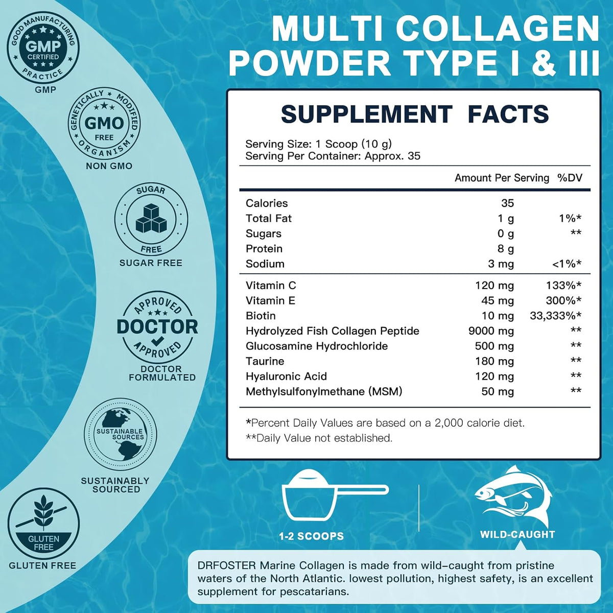 DRFOSTER Marine Collagen Peptides Powder for Joint Support, Hydrolyzed Type I & III Fish Collagen with MSM + GC, Hyaluronic Acid & Vitamin C for Skin, Hair & Nails, Wild-Caught Fish, 35 Servings - PrimeBioHealth - canada supplements