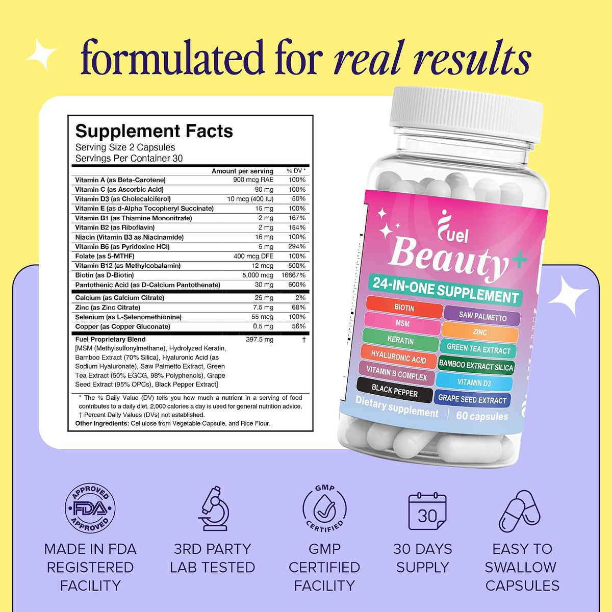 Fuel Beauty+ 24-in-1 Hair, Skin & Nails Vitamins for Women – 5000mcg Biotin, Hyaluronic Acid & Saw Palmetto – Daily Multivitamin for Hair Growth, Nail Strength & Skin Glow – 60 Capsules - PrimeBioHealth - canada supplements