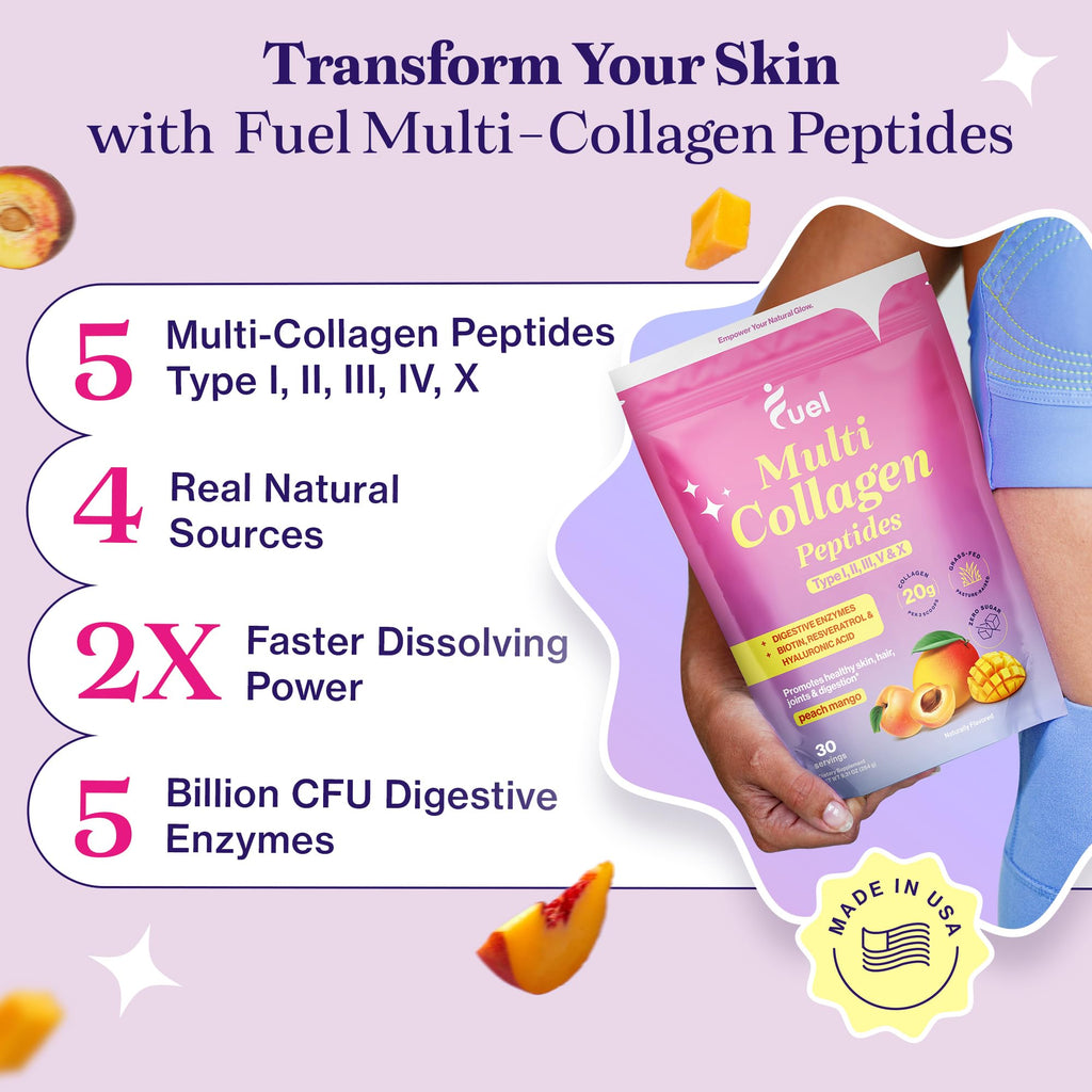 Fuel Multi Collagen Peptides Powder – 20g Hydrolyzed Collagen Types I, II, III, V & X – Hair, Skin, Nails & Joint Support – Keto & Gluten Free – Unflavored – 40 Servings (16.64oz) - PrimeBioHealth - canada supplements