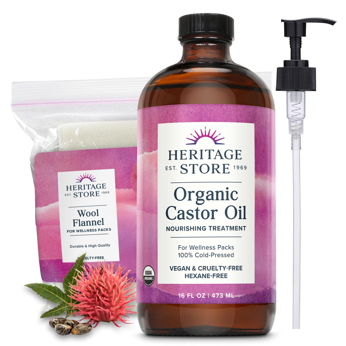 HERITAGE STORE Organic Castor Oil - Glass Bottle - Nourishing Treatment for Hair and Skin - Eyelash Serum for Eyelashes, Brows, Castor Oil Packs - Cold Pressed, Hexane Free, Vegan 16oz - PrimeBioHealth - canada supplements