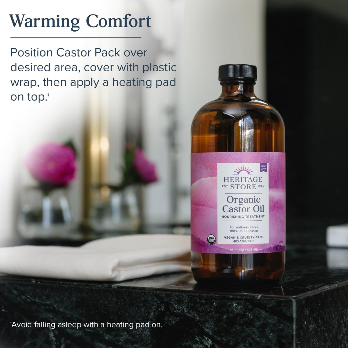 HERITAGE STORE Organic Castor Oil - Glass Bottle - Nourishing Treatment for Hair and Skin - Eyelash Serum for Eyelashes, Brows, Castor Oil Packs - Cold Pressed, Hexane Free, Vegan 16oz - PrimeBioHealth - canada supplements