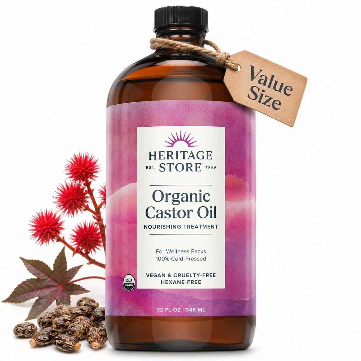 HERITAGE STORE Organic Castor Oil - Glass Bottle - Nourishing Treatment for Hair and Skin - Eyelash Serum for Eyelashes, Brows, Castor Oil Packs - Cold Pressed, Hexane Free, Vegan 16oz - PrimeBioHealth - canada supplements