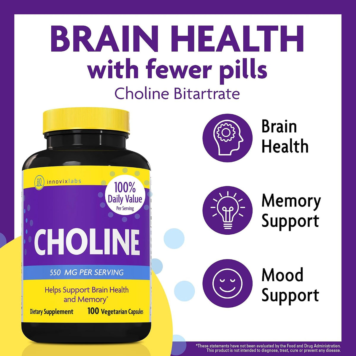 InnovixLabs Choline & Mood Probiotic Bundle Choline Bitartrate 550mg (100 Capsules) Mood Probiotic (60 Capsules). Supports Memory, Mood, Brain Health & Boost Cognitive.* - PrimeBioHealth - canada supplements