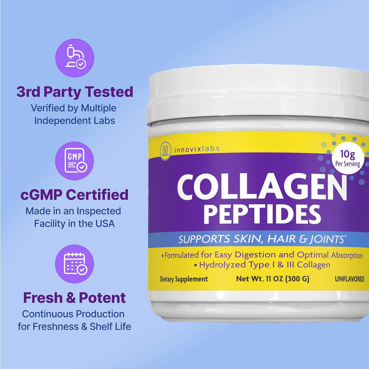 InnovixLabs Collagen Peptides Powder, Hydrolyzed Collagen Peptides Type l & LLL Collagen Powder, Supports Hair, Nail, Skin, Bone & Joint Health, Collagen for Women and Men, Unflavored, 30-Day Supply - PrimeBioHealth - canada supplements