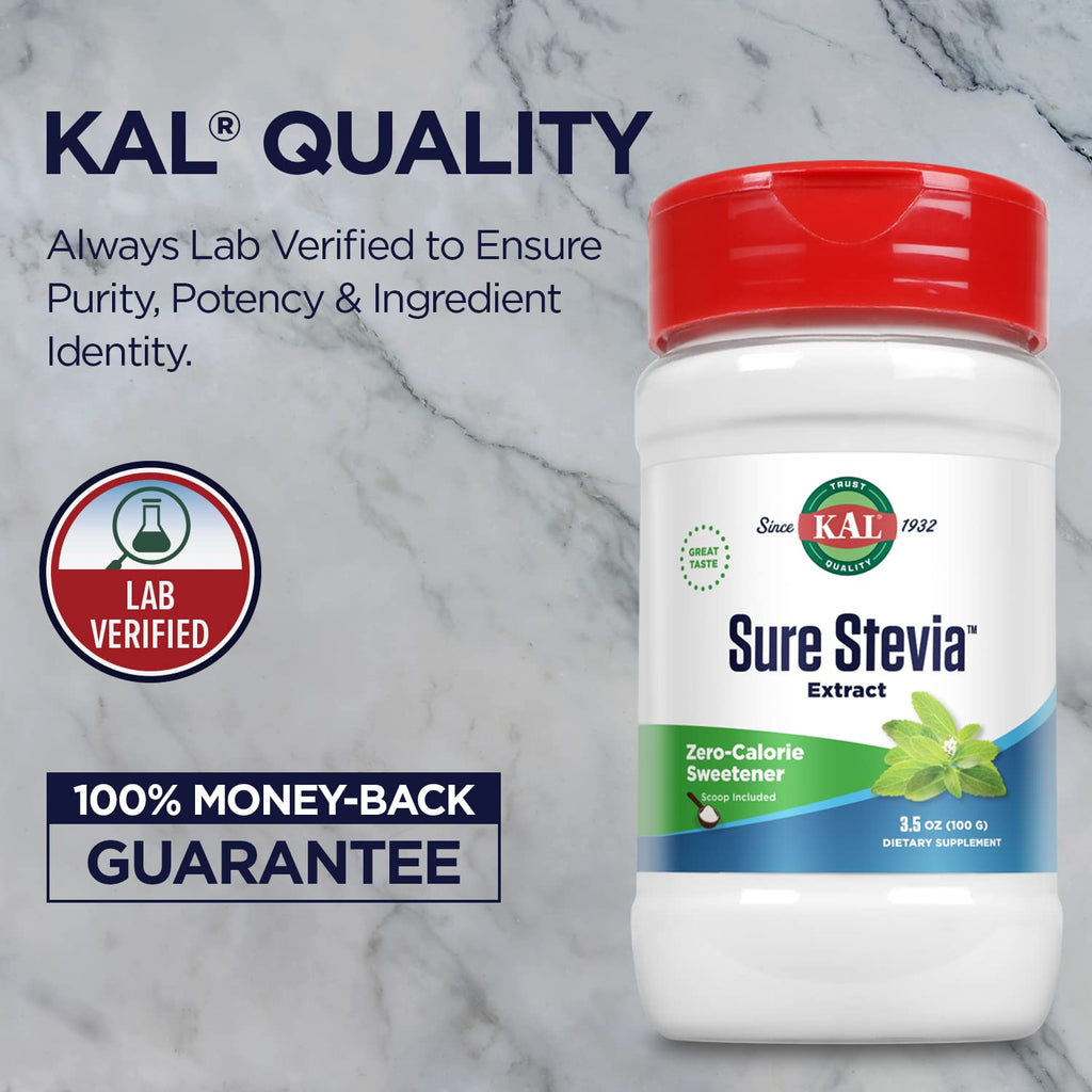 KAL Sure Stevia Extract Powder, Low Carb, Plant Based Stevia Sweetener, Great Taste, Zero Calories, Zero Sugar, Low Glycemic & Perfect for a Keto Diet, 60-Day Guarantee, Approx. 1820 Servings, 3.5oz - PrimeBioHealth - canada supplements