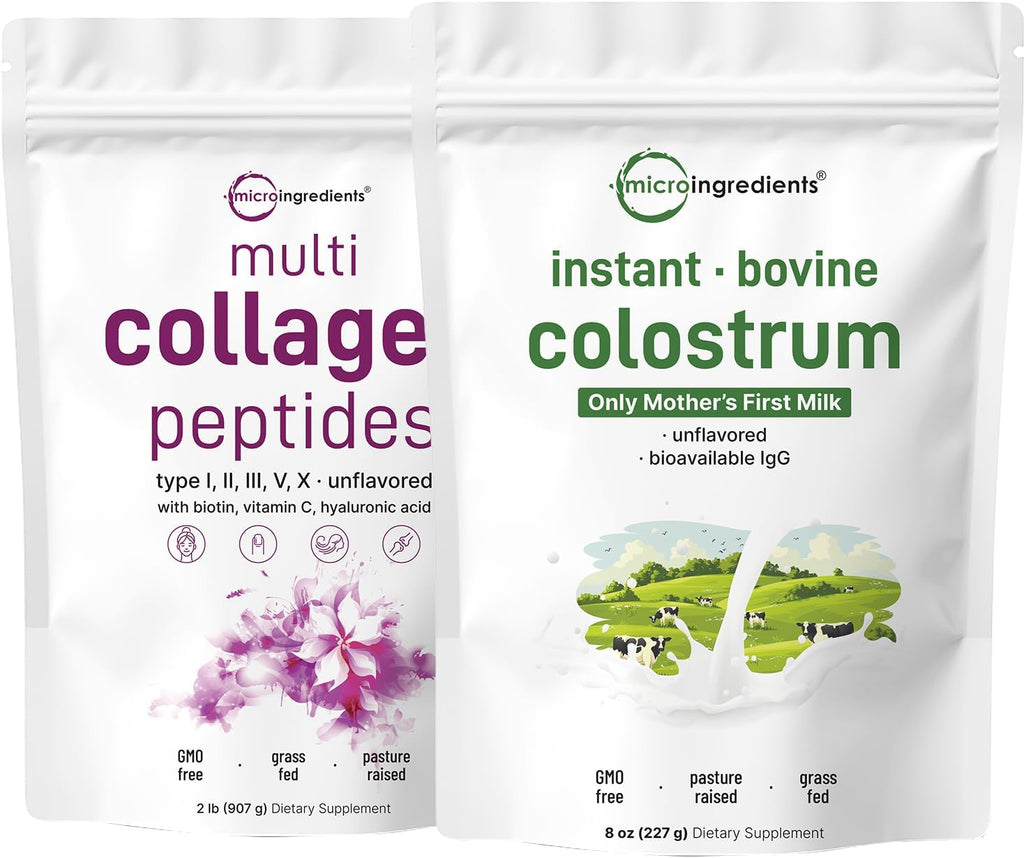 Micro Ingredients Multi Collagen Protein Powder 2 Pounds & Instant Colostrum Powder Bundle 2 Pack | Grass-Fed Collagen Peptides | Premium Bovine Mother’s First Milk - PrimeBioHealth - canada supplements
