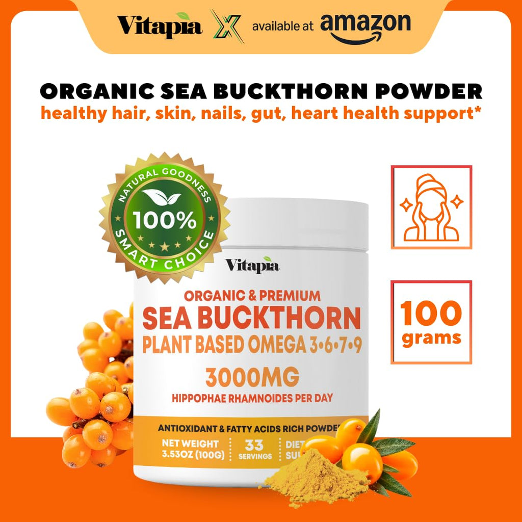 Omega 7 Sea Buckthorn Berry Oil 1000mg for Hair, Skin, Nails, Heart Health Support - 34% Palmitoleic Acid & Natural Omega 3 6 9 Fatty Acids Supplement - 120 Capsules, Non-GMO, Gluten-Free - PrimeBioHealth - canada supplements