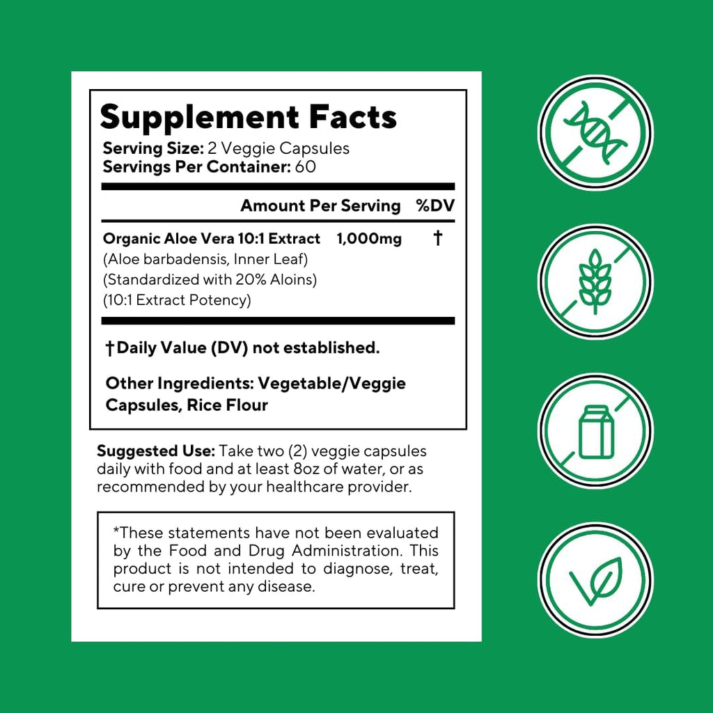Organic Aloe Vera Capsules 20% Aloins Supplement - Pure Inner Leaf Gel Concentrate - Digestive, Gut Health, Skin, Immune Support - 120 Count - Non-GMO, Gluten-Free, Vegan - PrimeBioHealth - canada supplements