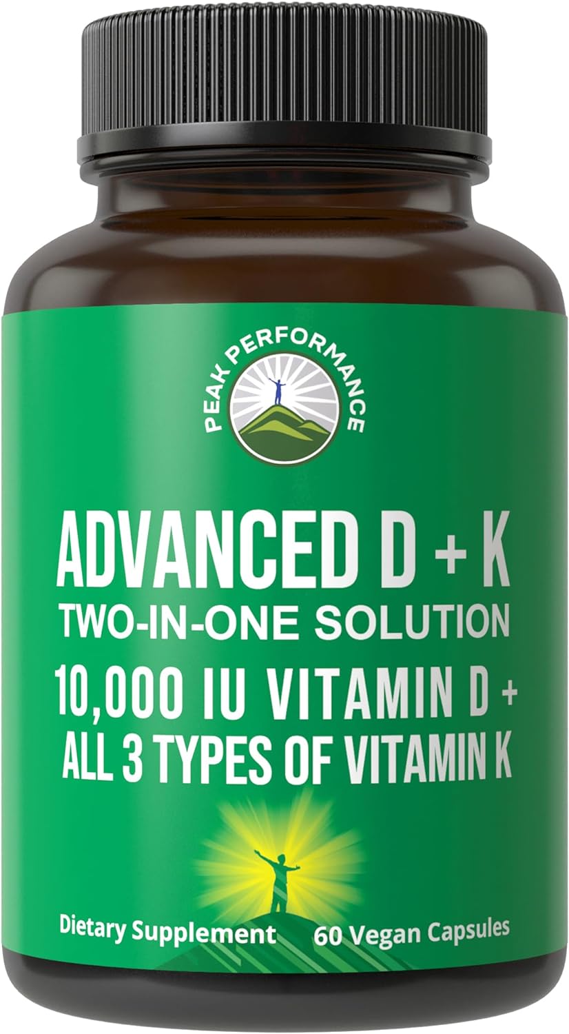 Peak Performance Advanced Vitamin D 10000 IU with All 3 Types of Vitamin K - 10,000 Vitamin D3 and Vitamin K2, K1, MK-7 (MK7), MK4 Supplement - 60 Small and Easy to Swallow Capsules - PrimeBioHealth - canada supplements