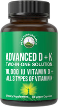 Peak Performance Advanced Vitamin D 10000 IU with All 3 Types of Vitamin K - 10,000 Vitamin D3 and Vitamin K2, K1, MK-7 (MK7), MK4 Supplement - 60 Small and Easy to Swallow Capsules - PrimeBioHealth - canada supplements