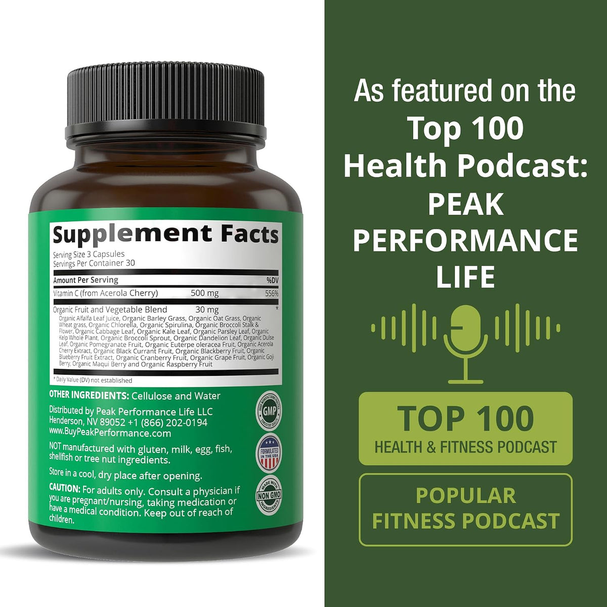 Peak Performance Raw Whole Food Natural Vitamin C Capsules from Acerola Cherry for Max Absorption. Vegan USA Sourced Vitamin C Supplement 90 Pills. 500 mg Serving or 2 Servings 1000mg - PrimeBioHealth - canada supplements